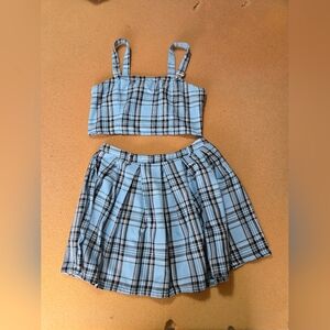 Hot Topic Light Blue Plaid Skirt and Shirt set